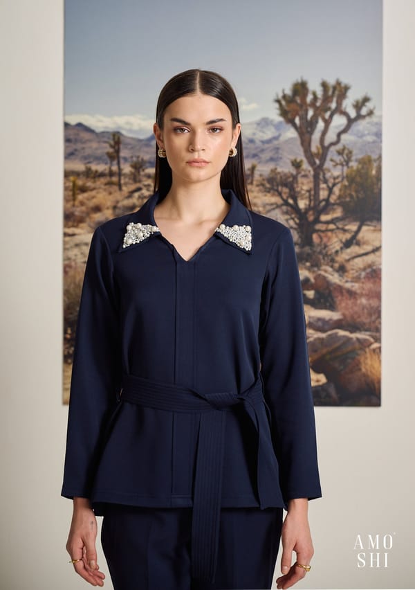 Navy Crepe Collared Top with Pearl-Embellished Collar — AMOSHI