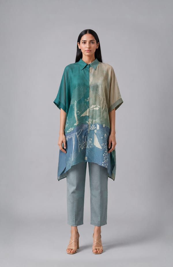 Teal Colorblocked Printed Kaftan and Pant Co-ord Set — CLOS