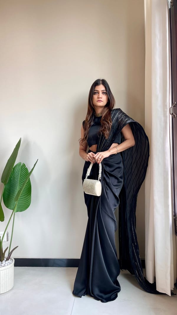 Black Fusion Pre-Draped Saree Set with Structured Palla — The Grey Dot