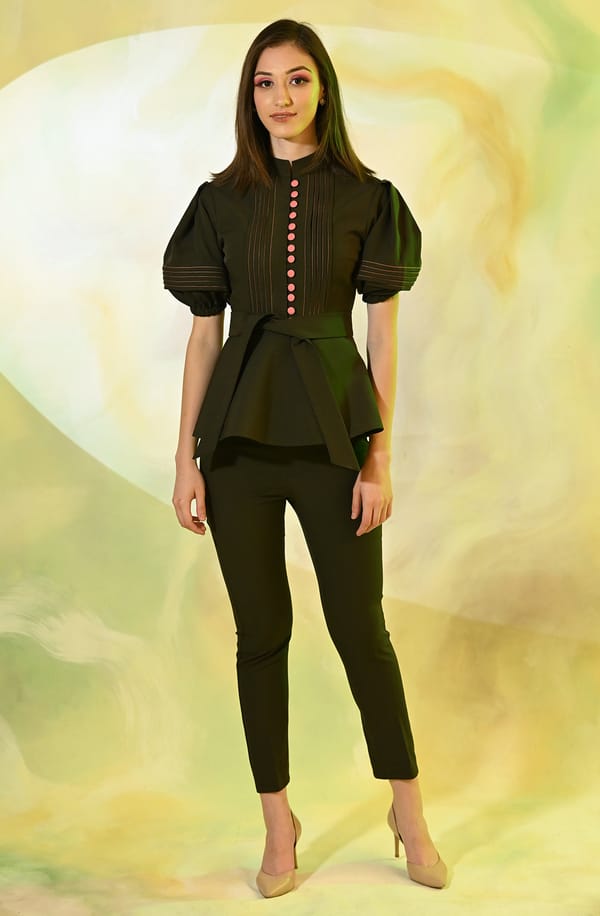 Olive Top & Pant Set With Contrast Stitch - Top — OMBRELLO