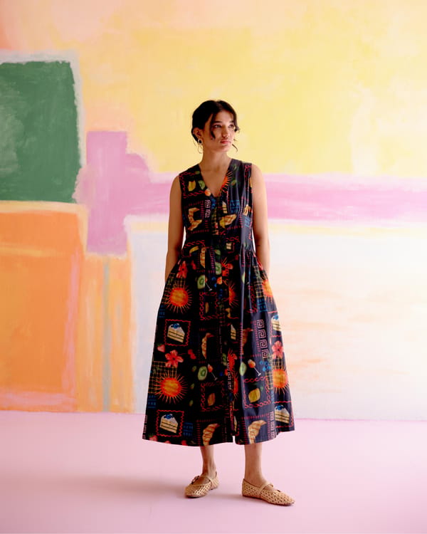 Multicolor Aloha Print Sleeveless Button-Front Midi Dress — HAPPI SPACE