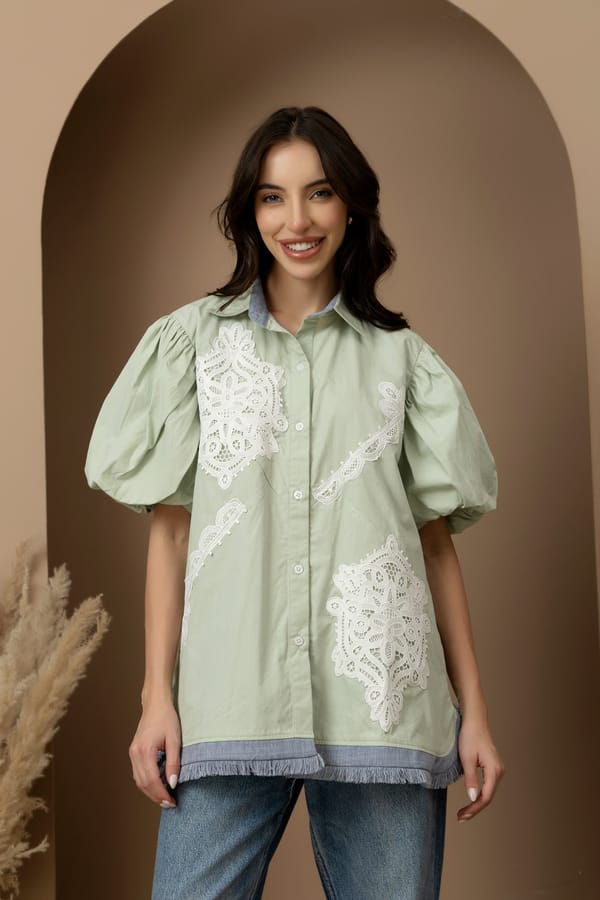 Lyla Balloon Sleeve Shirt Sage Green — Rhe-Ana