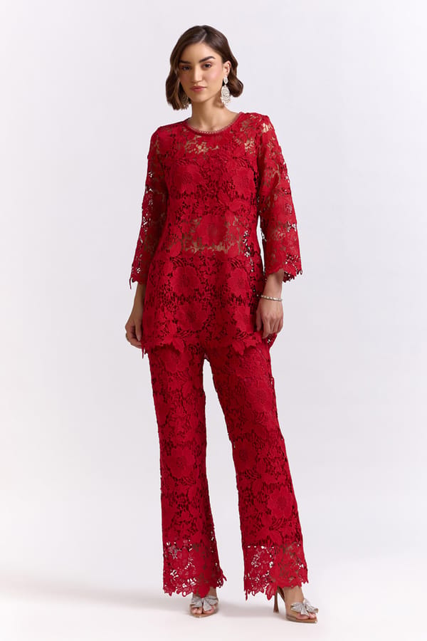 Red Lace Top and Wide-Leg Pants Co-ord Set — AVERIE