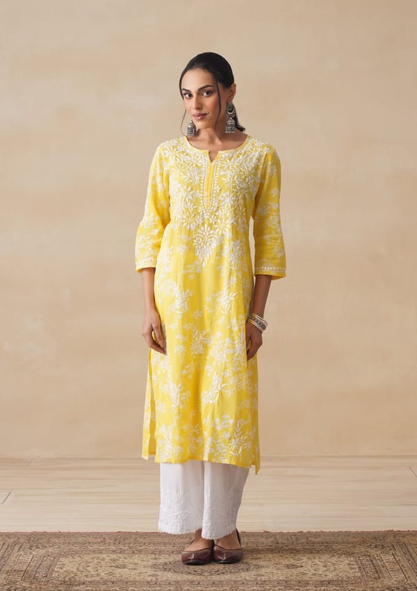 Zainab Chikankari Printed Straight Kurta - Yellow — House Of Chikankari