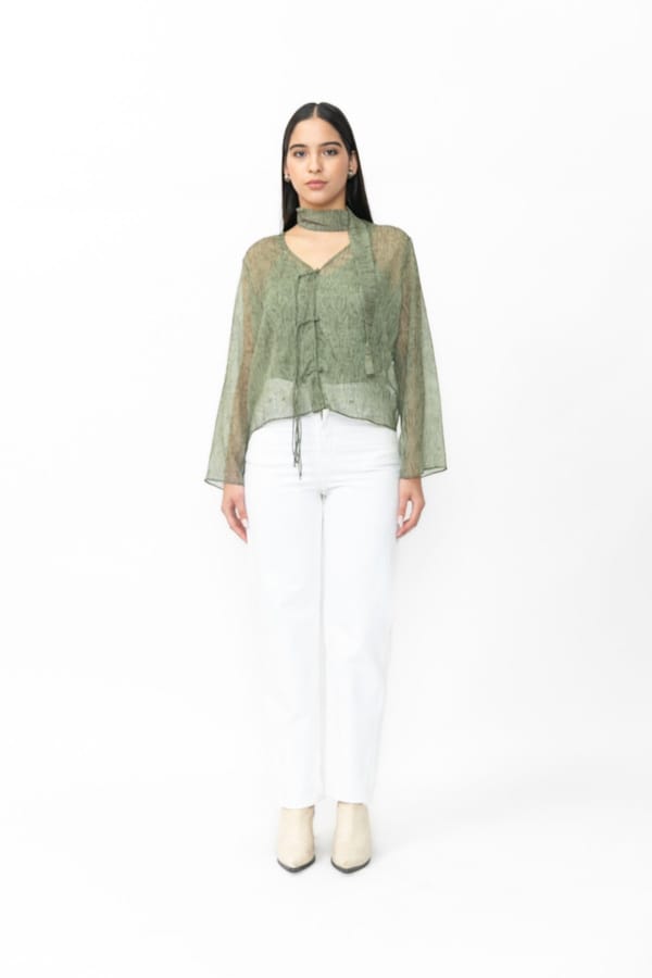 Green Sheer Chiffon Boxy Top with Neck Tie — Contemponari