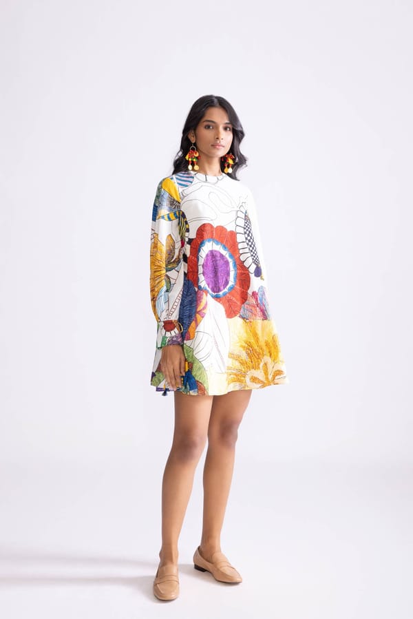 Ivory/Multi Tribal Print Shift Mini Dress with Bell Sleeves — Saaksha and Kinni