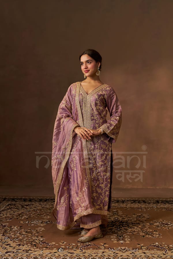 RAINA - Antique Mauve Tissue-Organza Suit Set — NARAYANI VASTRA
