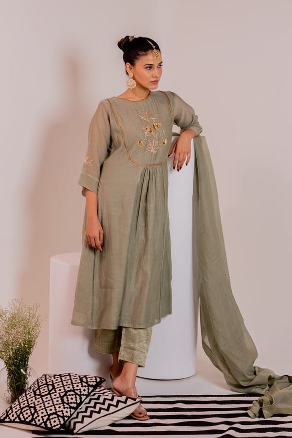 Olive Green Chanderi Embroidered A-Line Kurta — Silai studio
