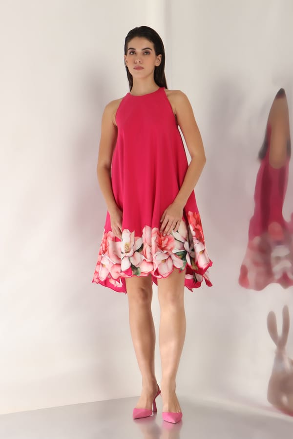 Hot Pink Halter Neck A-Line Mini Dress with Floral Hem — OZEQO
