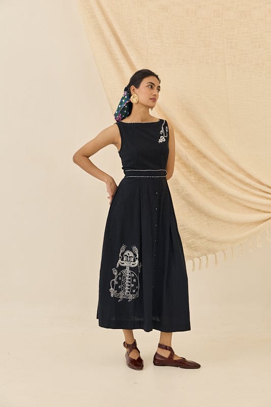 Black Kala Cotton Fit and Flare Midi Dress — JODI