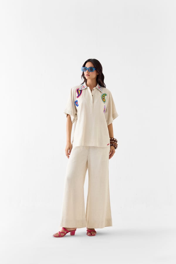 Cream Viscose Linen Shirt and Wide-Leg Trousers Co-ord Set — Studio Rigu