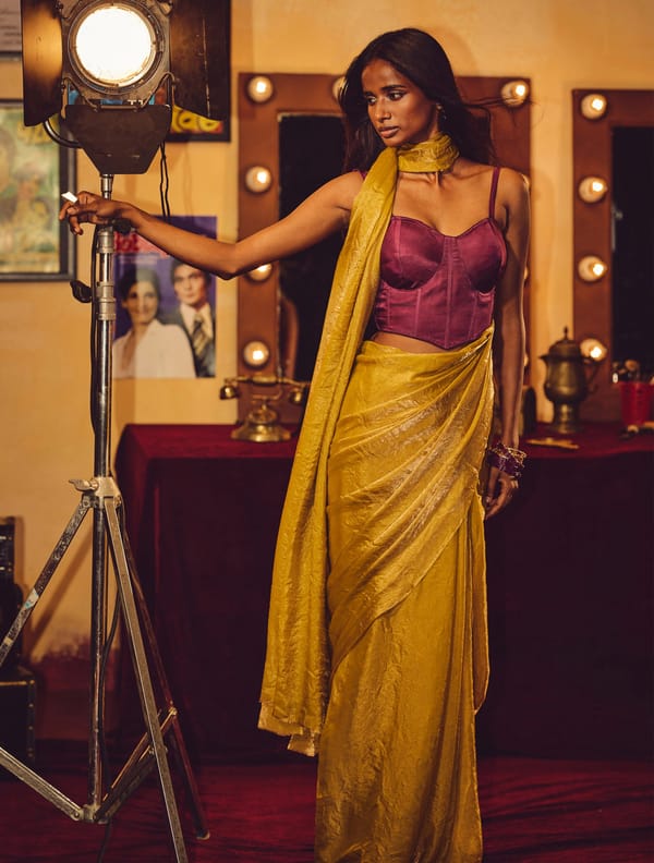Gold Metallic Tissue Saree with Unstitched Blouse Piece — Truebrowns