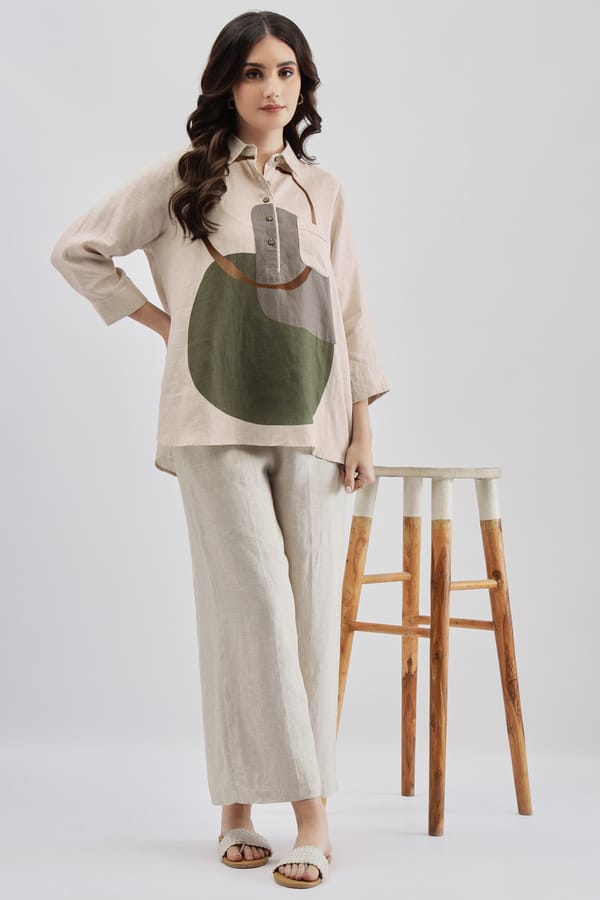 Beige Linen Abstract Print Collared Shirt — Linen Bloom