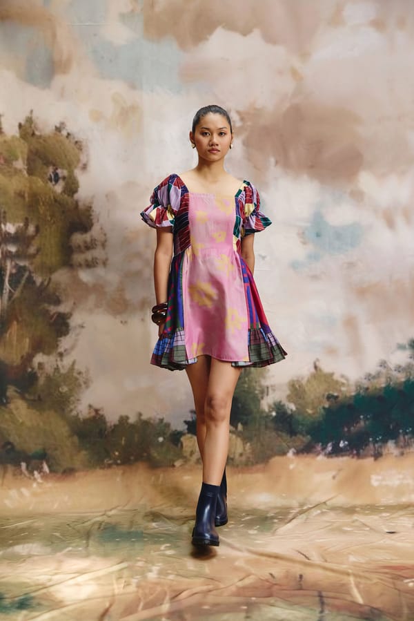 Multicolour Linen Mini Dress with Puff Sleeves — Zip by Payal Zinal