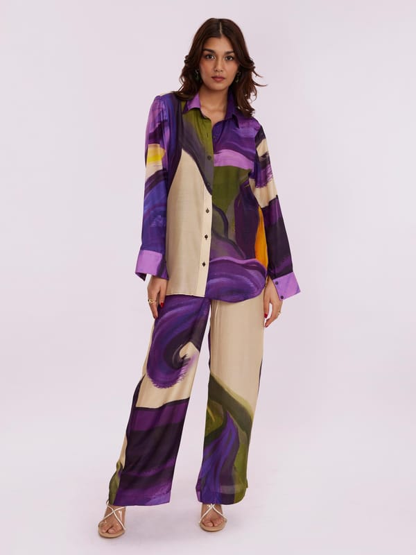 Wisteria Abstract Printed Shirt and Wide-Leg Co-ord Set — POPPI