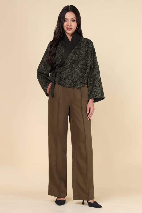 Black/Khakhi Cropped Wrap Jacket with Tie Belt — ACRE