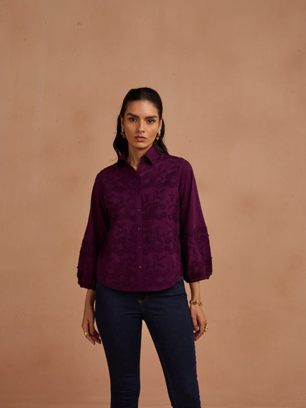 Purple Tonal Embroidered Button-Down Shirt — Style Island