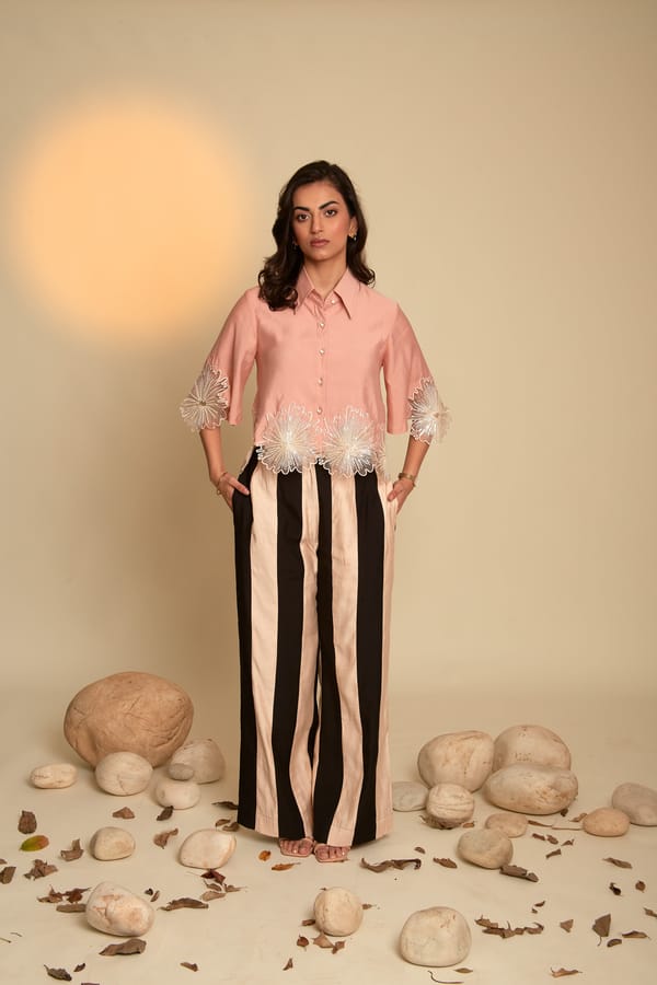 Peach Applique Shirt and Black Cream Pants Co-ord Set — An'era by Asmita Verma