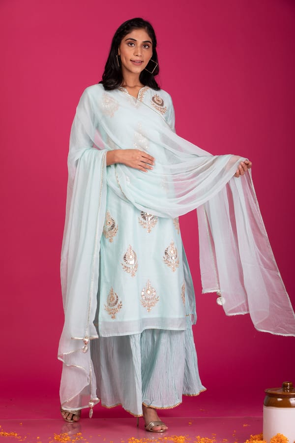 Alluring Blue Chanderi Gota Patti Suit Set — Kameez