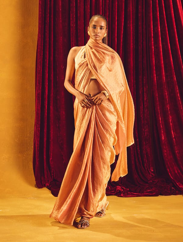 Peach Copper Tissue Saree with Unstitched Blouse Piece — Truebrowns