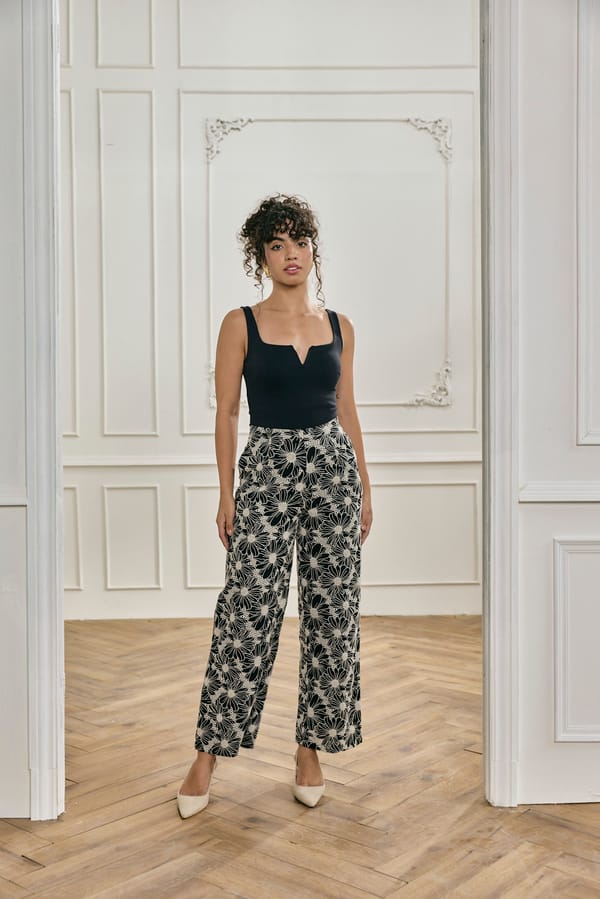 Black Schiffli Embroidered Wide-Leg Cotton Trousers — Style Island