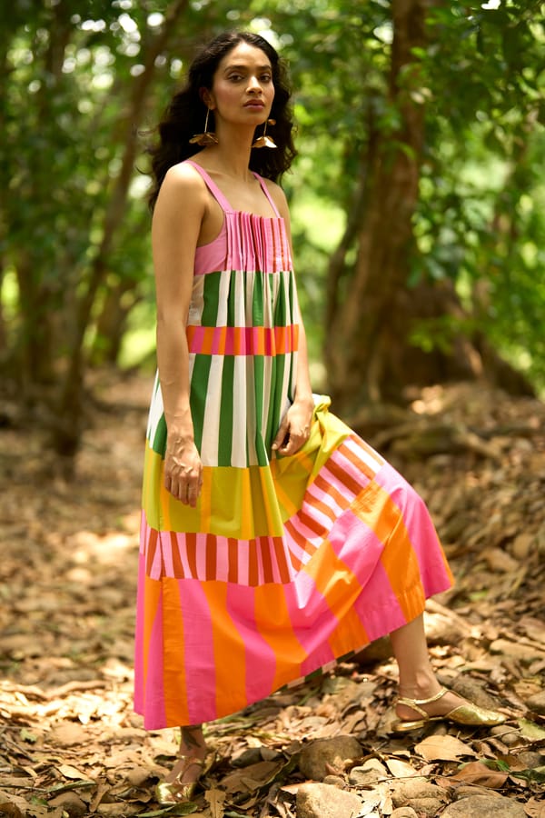 Multicolor Printed Poplin Midi Dress with Open Back Tie — Dash and Dot