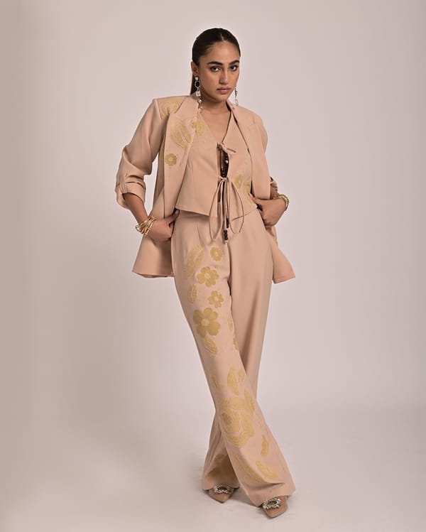 Beige High-Waist Wide-Leg Embroidered Trousers — Missy Co.