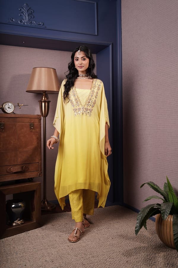 Lime Yellow Ombre Embroidered Kaftan Co-ord Set — SURABHI ARYA