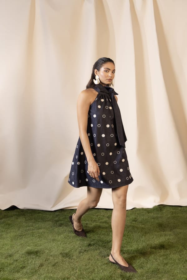 Navy Halter Neck Pearl Polka Dot Denim Mini Dress — House of Araish
