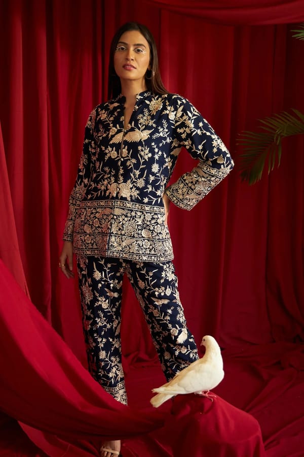 Navy Embroidered Potli Button Mandarin Collar Jacket — TASUVURE