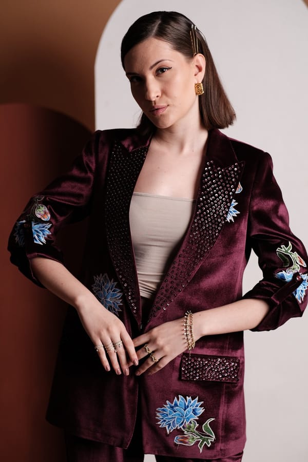 Wine Stretch Velvet Floral Embellished Blazer — THE FINICKY COLORIST