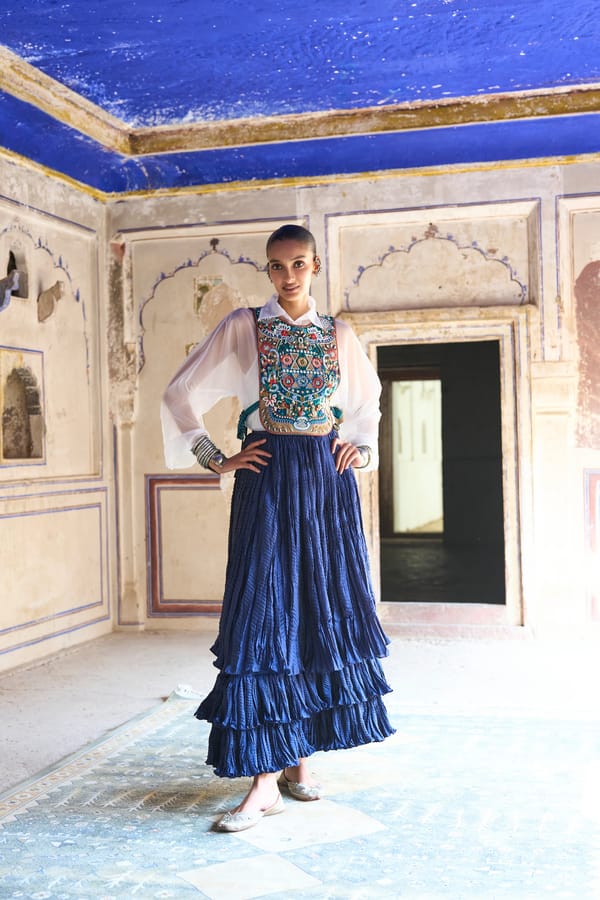 White Organza Shirt With Embroidered Bib & Cascading Tiered Crushed Maxi Skirt — Dash and Dot