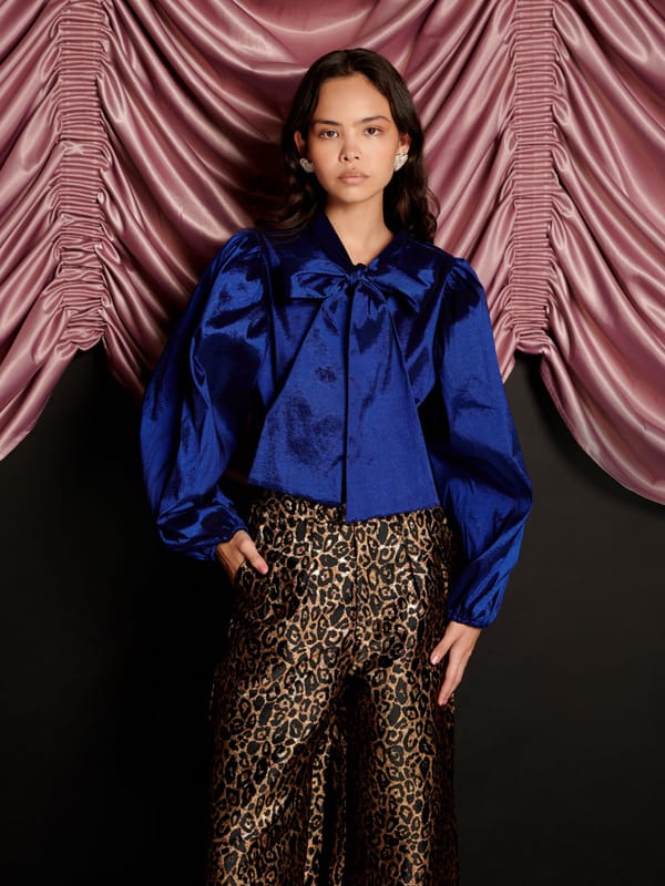 Blue Satin Bow-Tie Blouse with Puff Sleeves — SISTER JANE