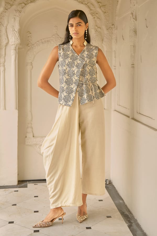 Beige Asymmetrical Draped Cotton-Linen Trousers — Dash and Dot