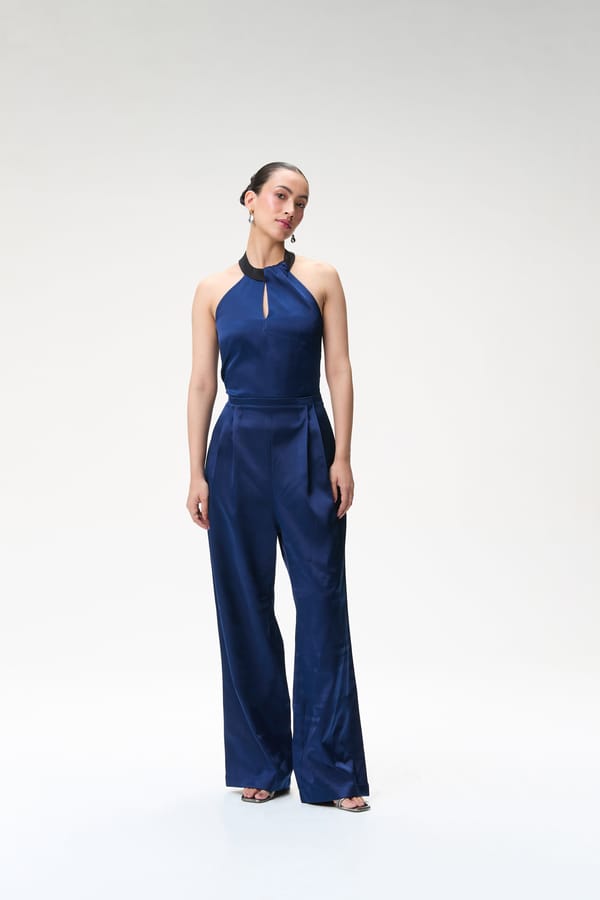 Midnight Blue Silk Jumpsuit With Contrast Collar — Tara & I