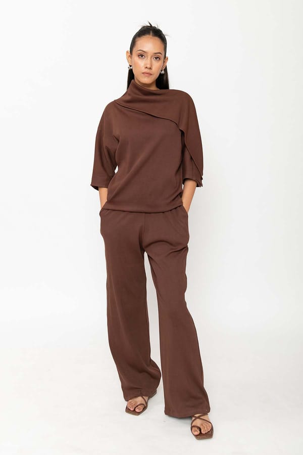 Brown Asymmetric High Neck Relaxed Fit Top — Contemponari