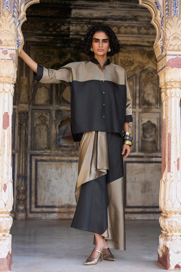 Benares Tissue Colour Blocked Shirt & Draped Skirt Set — Dash and Dot