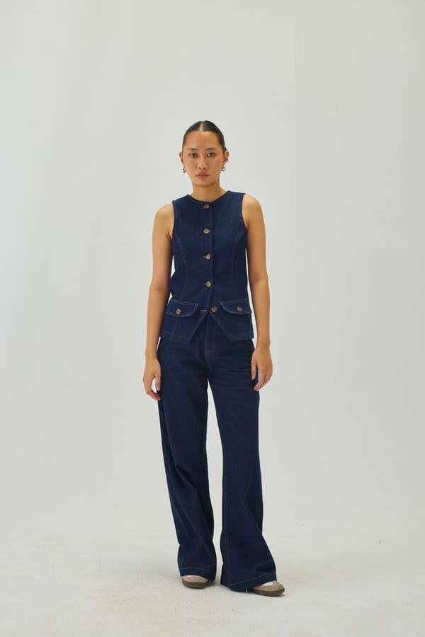 Blue Denim Round Neck Button-Front Waistcoat — Shop Staple