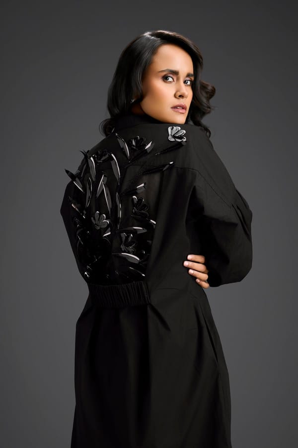 Black Puffed Sleeve Shirt Dress With Sheer Back — Deepika Arora