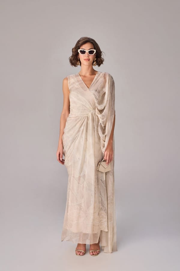Ivory Chiffon Abstract Floral Draped Maxi Dress — Saaksha and Kinni