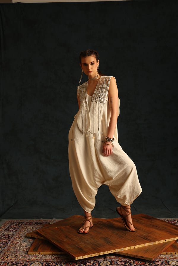 Off-White V-Neck Jumpsuit Set with Embellished Waistcoat — EnEch