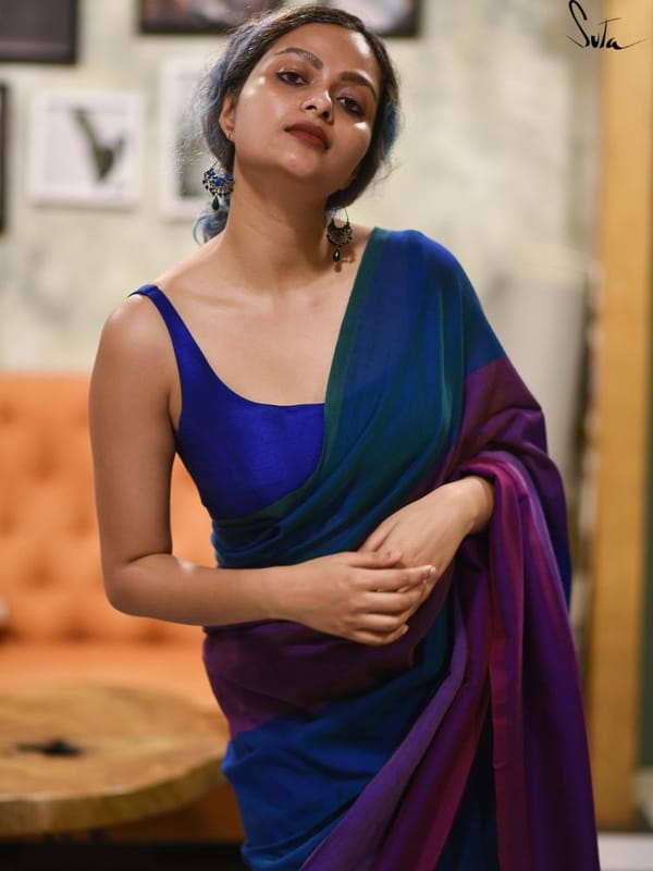 Blue Artificial Silk Sleeveless Scoop-Neck Padded Saree Blouse — Suta
