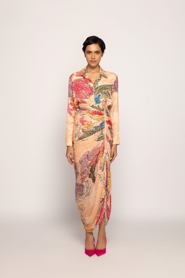 Peach Abstract Print Micro-Pleated Drape Midi Skirt — Saaksha and Kinni