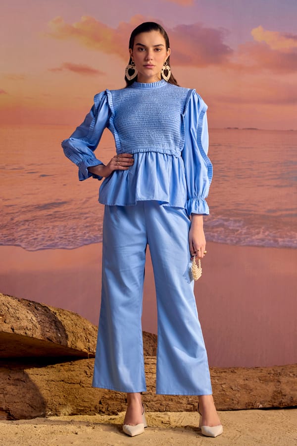 Blue Smocked Yoke Peplum Top and Wide-Leg Pants Co-ord Set — BOHO-CHIC