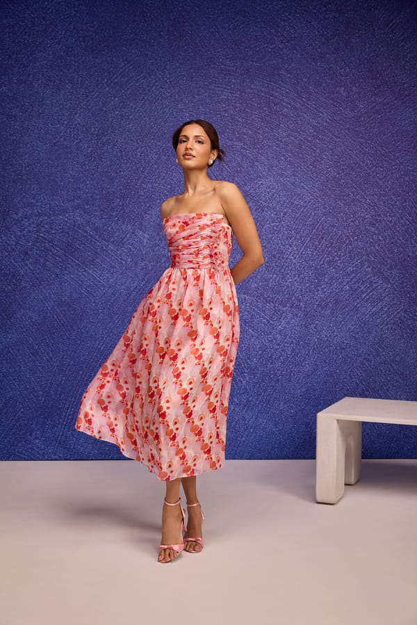 Red Silk Organza Strapless Ruched Midi Dress — Tara & I