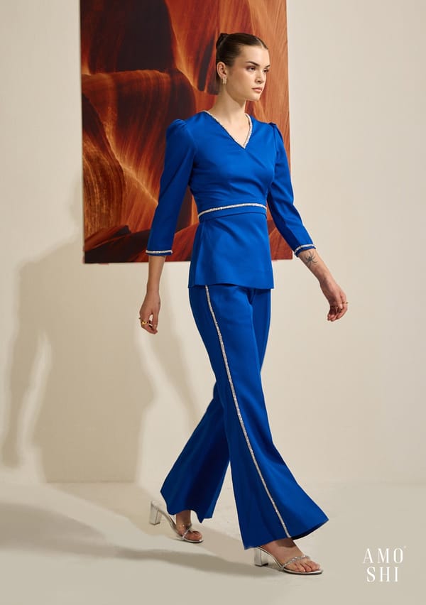 Blue Rhinestone Trim Peplum and Bell Bottom Co-ord Set — AMOSHI