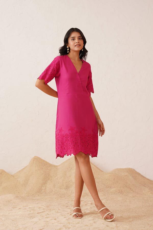 Hot Pink Cutwork Embroidered Knee-Length Dress — INCHING INDIA
