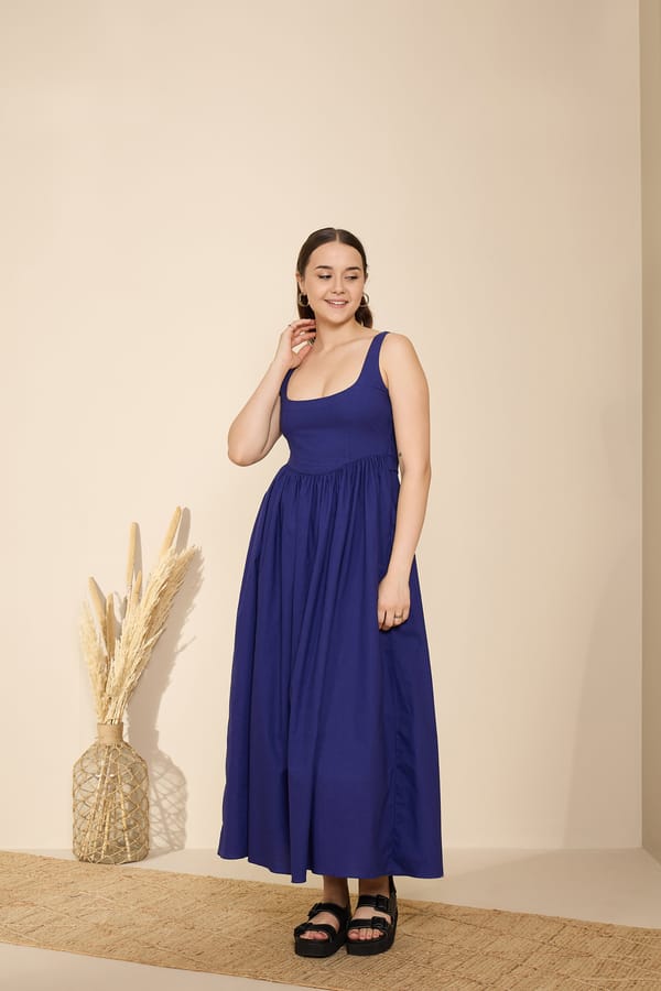 Cobalt Blue Fit and Flare Corset Bodice Maxi Dress — GAIMA LABEL