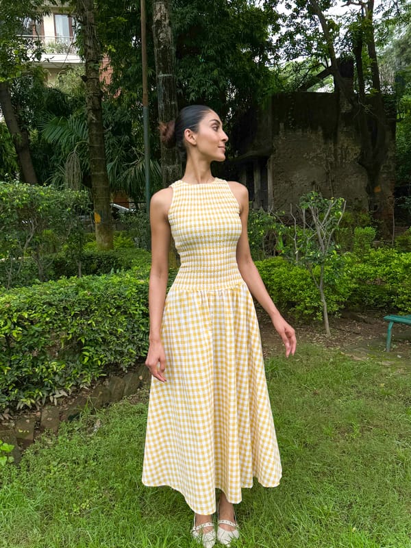 Yellow Gingham Smocked Bodice Maxi Dress — The clothing factory
