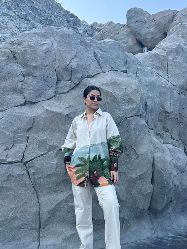 Beige Cotton Poplin Shirt with Oasis Placement Print — GAIMA LABEL